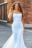 Vestido largo de fiesta de sirena con cuentas brillantes de color azul claro