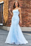 Vestido largo de fiesta de sirena con cuentas brillantes de color azul claro