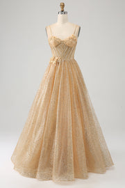 Vestido de fiesta largo con corsé dorado con purpurina y flores
