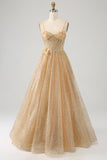Vestido de fiesta largo con corsé dorado con purpurina y flores