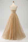 Vestido de fiesta largo con corsé dorado con purpurina y flores