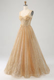 Vestido de fiesta largo con corsé dorado con purpurina y flores