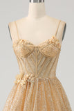 Vestido de fiesta largo con corsé dorado con purpurina y flores
