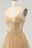 Vestido de fiesta largo con corsé dorado con purpurina y flores