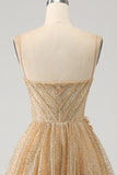Vestido de fiesta largo con corsé dorado con purpurina y flores