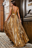 Impresionante vestido de fiesta largo dorado con cuello en V de una línea con frente dividido
