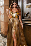 Impresionante vestido de fiesta largo dorado con cuello en V de una línea con frente dividido
