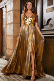 Impresionante vestido de fiesta largo dorado con cuello en V de una línea con frente dividido