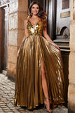 Impresionante vestido de fiesta largo dorado con cuello en V de una línea con frente dividido