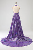 Vestido de fiesta largo metálico plisado púrpura brillante con abertura