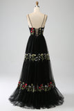 Vestido de fiesta de corsé largo bordado con tirantes finos de línea A negro