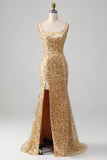 Vestido de fiesta de lentejuelas con tirantes de espagueti de sirena dorada con abertura