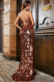 Tirantes de espagueti de sirena brillante Vestido largo de fiesta de lentejuelas doradas con frente dividido