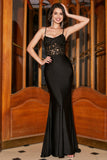 Vestido de fiesta con corsé de tirantes de espagueti de sirena negro con apliques