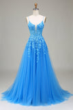 Vestido de fiesta de tul azul con tirantes finos de línea A con apliques