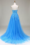 Vestido de fiesta de tul azul con tirantes finos de línea A con apliques