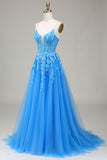 Vestido de fiesta de tul azul con tirantes finos de línea A con apliques
