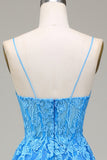 Vestido de fiesta de tul azul con tirantes finos de línea A con apliques