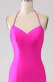 Vestido de fiesta largo sin espalda con cuello halter de sirena fucsia