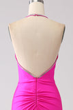 Vestido de fiesta largo sin espalda con cuello halter de sirena fucsia
