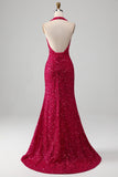 Vestido de fiesta de lentejuelas halter de sirena fucsia con abertura