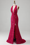 Vestido de fiesta de lentejuelas halter de sirena fucsia con abertura