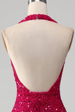 Vestido de fiesta de lentejuelas halter de sirena fucsia con abertura