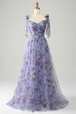 Vestido de fiesta largo con tirantes ajustables estampados en lavanda de una línea