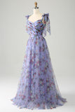Vestido de fiesta largo con tirantes ajustables estampados en lavanda de una línea