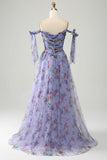 Vestido de fiesta largo con tirantes ajustables estampados en lavanda de una línea