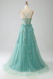 Vestido de fiesta largo con corsé largo con tirantes de espagueti de línea A verde con apliques