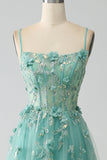 Vestido de fiesta largo con corsé largo con tirantes de espagueti de línea A verde con apliques