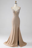 Vestido de fiesta largo de tirantes de espagueti de sirena de champán brillante con abertura