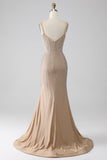 Vestido de fiesta largo de tirantes de espagueti de sirena de champán brillante con abertura