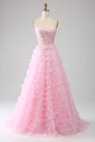 Vestido de fiesta largo con corsé largo sin tirantes de línea A rosa