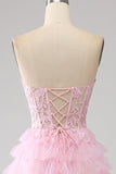 Vestido de fiesta largo con corsé largo sin tirantes de línea A rosa