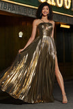 Vestido de fiesta brillante plisado con tirantes de espagueti de línea A de color rosa intenso con abertura