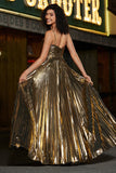 Vestido de fiesta brillante plisado con tirantes de espagueti de línea A de color rosa intenso con abertura