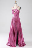Vestido de fiesta plisado con tirantes de espagueti fucsia de línea A con abertura