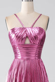 Vestido de fiesta plisado con tirantes de espagueti fucsia de línea A con abertura