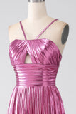 Vestido de fiesta plisado con tirantes de espagueti fucsia de línea A con abertura