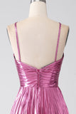 Vestido de fiesta plisado con tirantes de espagueti fucsia de línea A con abertura