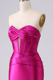 Vestido de fiesta largo con corsé de novia fucsia fucsia brillante con abertura