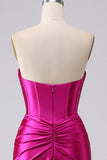 Vestido de fiesta largo con corsé de novia fucsia fucsia brillante con abertura