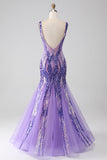 Vestido largo de fiesta de lentejuelas con cuello en V de sirena púrpura brillante