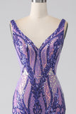 Vestido largo de fiesta de lentejuelas con cuello en V de sirena púrpura brillante