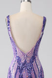 Vestido largo de fiesta de lentejuelas con cuello en V de sirena púrpura brillante