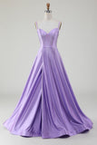 Vestidos de fiesta de corsé con abertura lateral de línea A lila brillante simple con pedrería