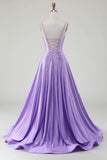Vestidos de fiesta de corsé con abertura lateral de línea A lila brillante simple con pedrería