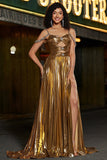 Vestido de fiesta metálico con cuentas de tirantes finos fruncidos brillantes con abertura